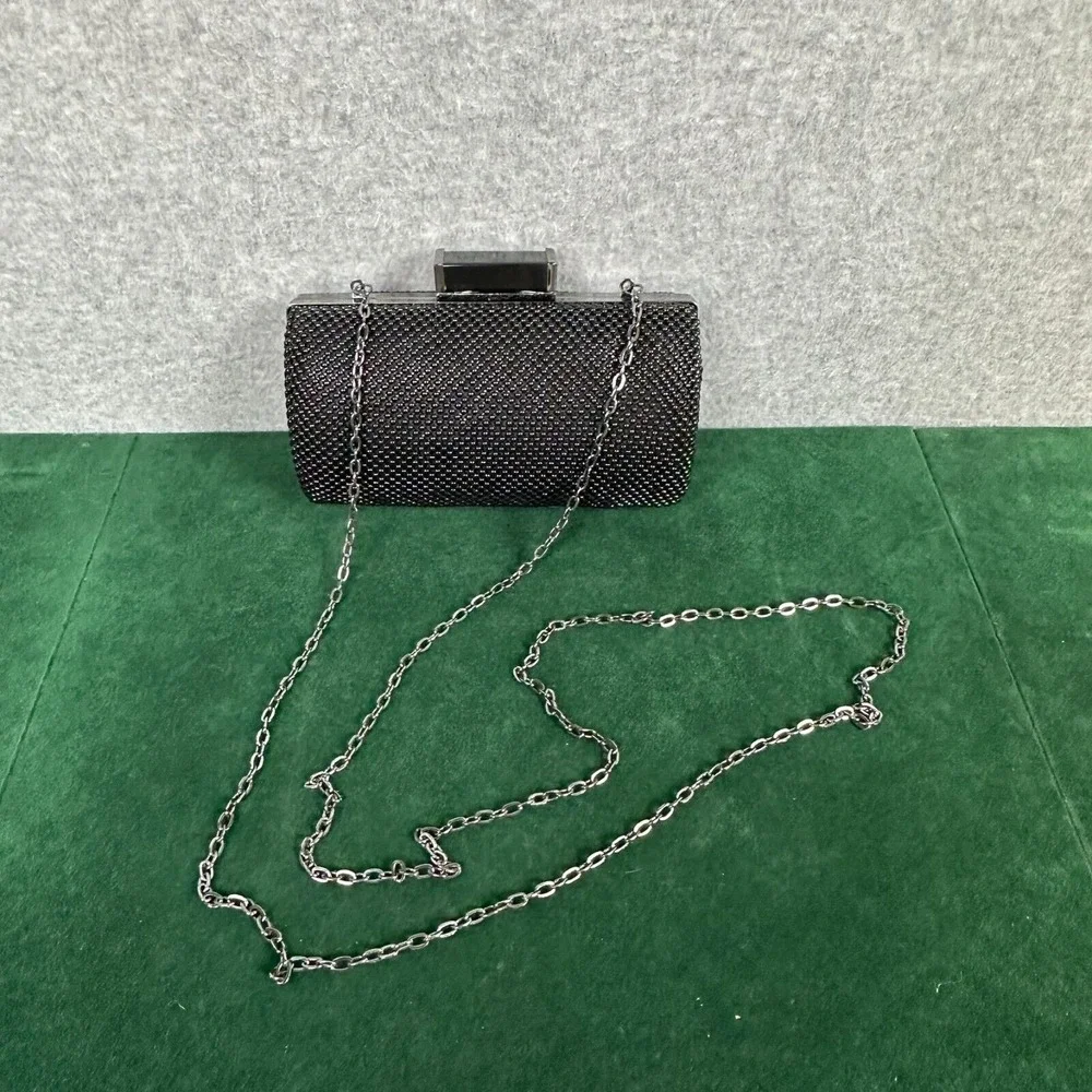 Fully‎ Beaded Evening Bag Black Purse Hard Shell Clutch Hideaway Crossbody Chain